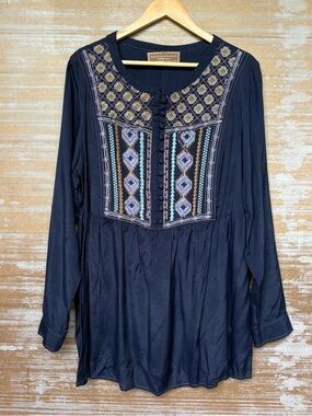 Double D Ranch Embroidered Navy Blouse Western Boho Pleated Prairie Womens XL